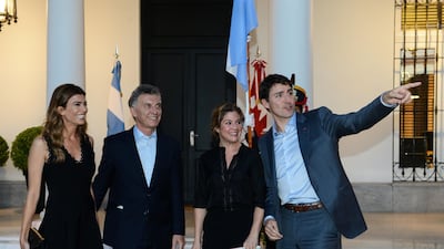 Canada's Prime Minister Justin Trudeau gestures alongside his wife Sophie, Argentina's President Mauricio Macri and his wife Juliana at the Olivos Presidential Residence. Reuters