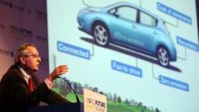 Nissan's Pierre Loing talks about his company's first mass market electric vehicle at the World Future Energy Summit yesterday.