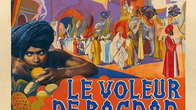 The French poster for the 1940 version of 'Thief of Baghdad' is particularly beautiful and lurid, featuring a procession of robed figures and elephants making their way through a marketplace in front of an orange palace. Courtesy Abboudi Abou Jaoude and Dar el-Nimer