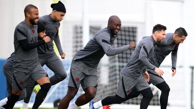 PSG players take part in sprint drills during a training session. AFP