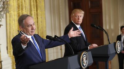 US president Donald Trump and Israeli prime minister Benjamin Netanyahu give a joint news conference at the White House in Washington. Pablo Martinez Monsivais / AP Photo