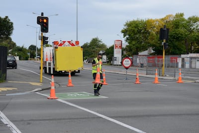 A police blockade is seen at the intersection of Brougham Street and Selwyn Street. Getty Images