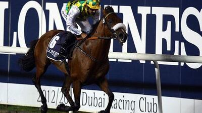Ahmed Ajtebi guided Areem to the win in Race 1 for Purebred Arabians during the Al Maktoum Challenge at Dubai's Meydan Racecourse.