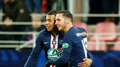PSG's Pablo Sarabia celebrates scoring their sixth goal with Kylian Mbappe. Reuters