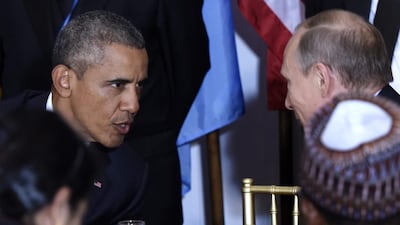 US president Barack Obama and Russian president Vladimir Putin are pictured at the start of a luncheon for world leaders on September 28, 2015. Justin Lane/EPA