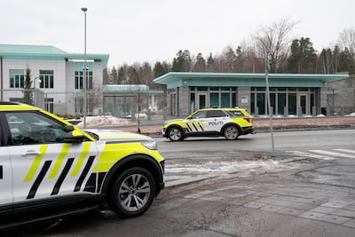 Police cars parked outside the US embassy in Oslo. EPA