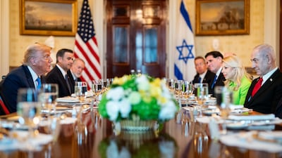 US President Donald Trump, left, and Israeli Prime Minister Benjamin Netanyahu, right, during a dinner in the Blue Room of the White House in Washington. Bloomberg