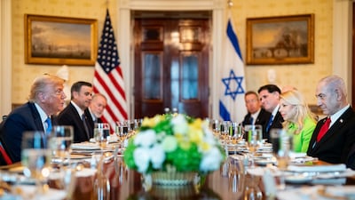 US President Donald Trump, left, and Benjamin Netanyahu, Israel's Prime Minister, right, during a dinner in the Blue Room of the White House in Washington on July 7. Bloomberg