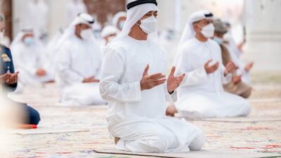 Sheikh Mohamed bin Zayed, Crown Prince of Abu Dhabi and Deputy Supreme Commander of the Armed Forces, attends Eid Al Fitr prayers at the Sheikh Zayed Grand Mosque in Abu Dhabi. Hamad Al Kaabi / Ministry of Presidential Affairs