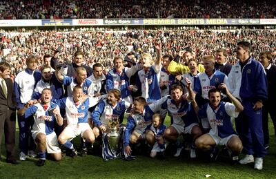 Blackburn Rovers players celebrate after winning the Premiership trophy in 1995. Allsport