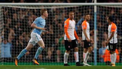 Kevin De Bruyne celebrates scoring Manchester City's first goal. Lee Smith / Reuters