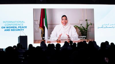 Sheikha Shamma bint Sultan, great-granddaughter of the Founding Father of the UAE, the late Sheikh Zayed bin Sultan Al Nahyan, delivers a speech on behalf of Sheikha Fatima, Mother of the Nation, at the International Conference on Women, Peace and Security in Abu Dhabi.