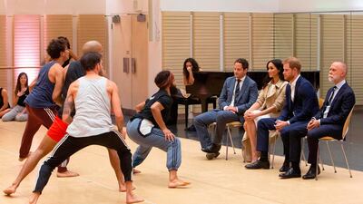 Prince Harry and Meghan watch the rehearsal of Spirit 2018 being performed by the Bangarra Dance Theatre company during a visit to the Sydney Opera House. AFP