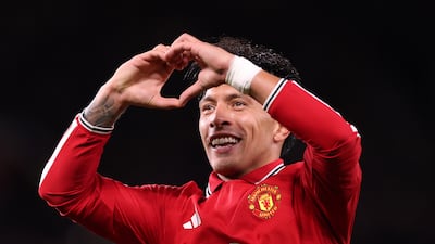 Lisandro Martinez celebrates scoring in Manchester United's Champions League win over Sabah at Old Trafford. Getty Images