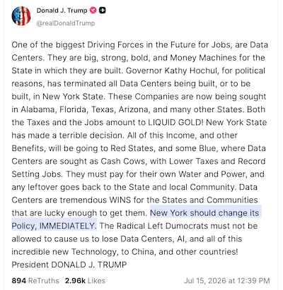 US President Donald Trump criticised on Truth Social the one-year moratorium on building data centres in New York state.