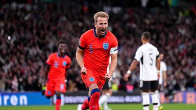 Harry Kane celebrates after putting England 3-2 ahead from the penalty spot. PA