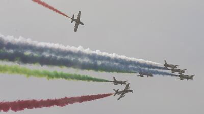 The Al Forsan aerobatic display team during the opening ceremony of the 2017 International Defence Exhibition and Conference. Philip Cheung / Crown Prince Court - Abu Dhabi
