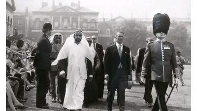 Sheikh Zayed is escorted to his seat for Trooping the Colour in London in 1969. AP Photo