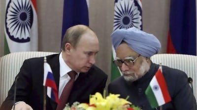 Russia’s Vladimir Putin (left) and India’s Manmohan Singh address the media after announcing yesterday’s arms deal.
