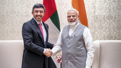 India's Prime Minister Narendra Modi, greets UAE Foreign minister, Sheikh Abdullah bin Zayed Al Nahyan.
