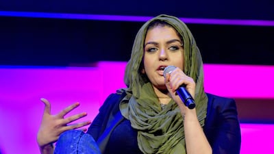 Amani Al Khatahtbeh speaks onstage at Time's Up during the 2018 Tribeca Film Festival. Getty Images