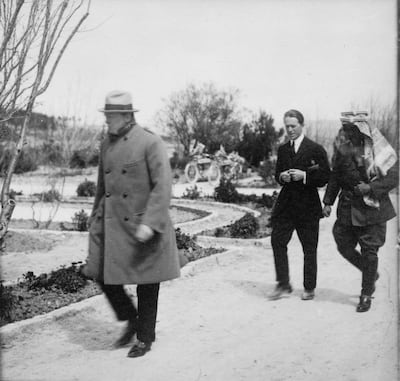 T.E. Lawrence walking with Emir Abdullah in the garden of Government House, Jerusalem, as Winston Churchill walks ahead of them. Courtesy Library of Congress, Prints & Photographs Division