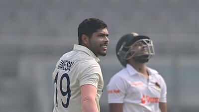 India’s Umesh Yadav after dismissing Bangladesh's Shakib Al Hasan at the Sher-e-Bangla National Stadium. AFP