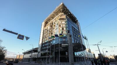 The damaged Kharkiv Palace Hotel in downtown Kharkiv after Russian air strikes. EPA