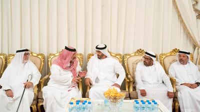 Sheikh Mohamed bin Zayed, Crown Prince of Abu Dhabi and Deputy Supreme Commander of the UAE Armed Forces, offers condolences to the family of Abdullah Al Hashemi. Hamad Al Kaabi / Ministry of Presidential Affairs