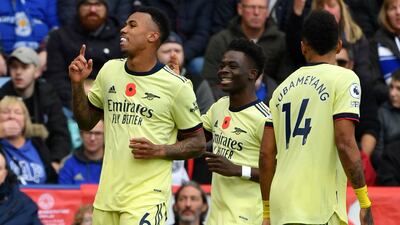 Arsenal's Brazilian defender Gabriel (L) celebrates after scoring the opener against Leicester. AFP