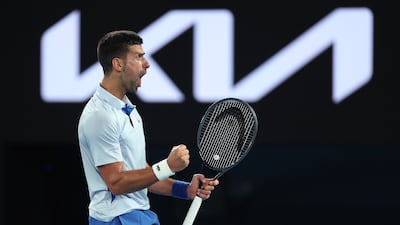 Novak Djokovic celebrates winning a point against Adrian Mannarino. Getty Images