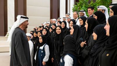 President Sheikh Mohamed met with teachers, students and school administrators to celebrate Ramadan. Hamad Al Kaabi / UAE Presidential Court