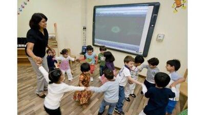 Blanchy Walter Pinto and her students dance to music at the Dubai Customs Childcare Centre in Dubai, United Arab Emirates on Wednesday, Feb. 02, 2011. Photo: Charles Crowell for The National