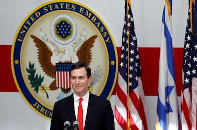 White House senior advisor Jared Kushner speaks during the opening ceremony of the US consulate that will act as the new US embassy in Jerusalem on May 14 2018. Abir Sultan / EPA