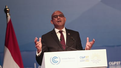 Simon Stiell, the executive secretary of the UN's Framework Convention on Climate Change speaks at the climate summit in Sharm El Sheikh. EPA