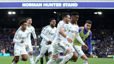 Junior Firpo of Leeds United celebrates with team mates after scoring against Southampton. Getty