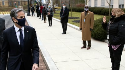 Secretary of State Antony Blinken is greeted by staff as he arrives at the State Department in Washington, Wednesday, Jan. 27, 2021.AP Photo