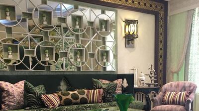 Mutwalli commissions local artists to create pieces for her designs. Here a trompe l'oeil "rug" is painted directly on to the marble floor.