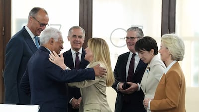 From left, Germany's Chancellor Friedrich Merz, European Council President Antonio Costa, Canada's Prime Minister Mark Carney, Italy’s Prime Minister Giorgia Meloni, Britain's Prime Minister Keir Starmer, Japan's Prime Minister Sanae Takaichi and European Commission President Ursula von der Leyen at the G7 summit in France. AFP