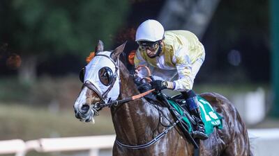 Sandro Paiva on board Faith And Fortune comes clear at Al Ain’s fourth meeting on Saturday. Courtesy Emirates Racing Authority