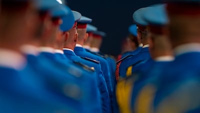 Serbian honour guards await the arrival of Sheikh Mohamed