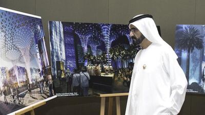 Sheikh Mohammed bin Rashid, Vice President and Ruler of Dubai, is briefed on the construction of Al Wasl Plaza, the central hub of the Expo 2020 site. Courtesy Government of Dubai Media Office