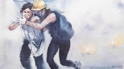 A watercolour by artist Kin Fung. Kin paints watercolours of famous moments of the demonstrations and plans to have an exhibition when the movement is finally over.