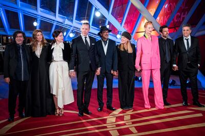 Jury members Ali Essafi, Chiara Mastroianni, Rebecca Zlotowski, Mikael Persbrandt, Atiq Rahimi, Andrea Arnold, Tilda Swinton, David Michod and Kleber Mendonca Filho attend the opening ceremony of the 18th edition of the Marrakech International Film Festival on November 29, 2019. AFP