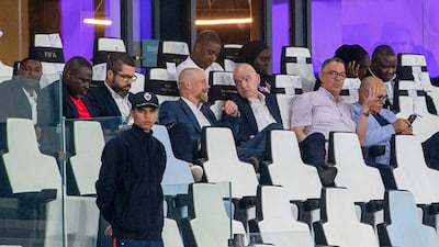 Fifa president Gianni Infantino with Fifa Secretary General Mattias Grafstrom at a Women's Africa Cup of Nations match between Malawi and Zambia in Rabat. EPA