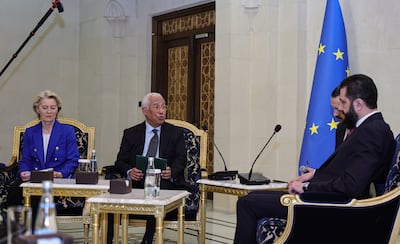 Ahmad Al Shara, right, with European Council President Antonio Costa and European Commission President Ursula von der Leyen. EPA