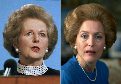Gillian Anderson, right, portraying Margaret Thatcher, left, in a scene from the fourth season of 'The Crown'. AP Photo, left, and Netflix