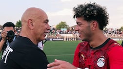Egypt coach Hossam Hassan congratulates midfielder Emam Ashour following the 5-0 win over South Sudan in Juba. Photo: EgyptNT_EN on X