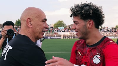 Egypt coach Hossam Hassan congratulates midfielder Emam Ashour following the 5-0 win over South Sudan in Juba. Photo: EgyptNT_EN on X