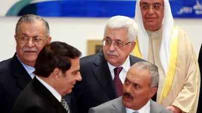 Palestinian President Mahmoud Abbas, centre, pictured with Arab leaders in Sirte, Libya.